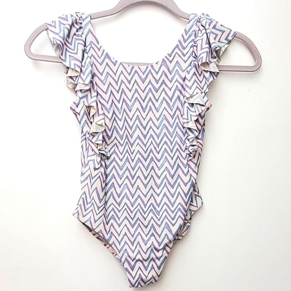 Crew Cuts Pink Blue Ruffle Chevron Swim Suit Size 8 yrs